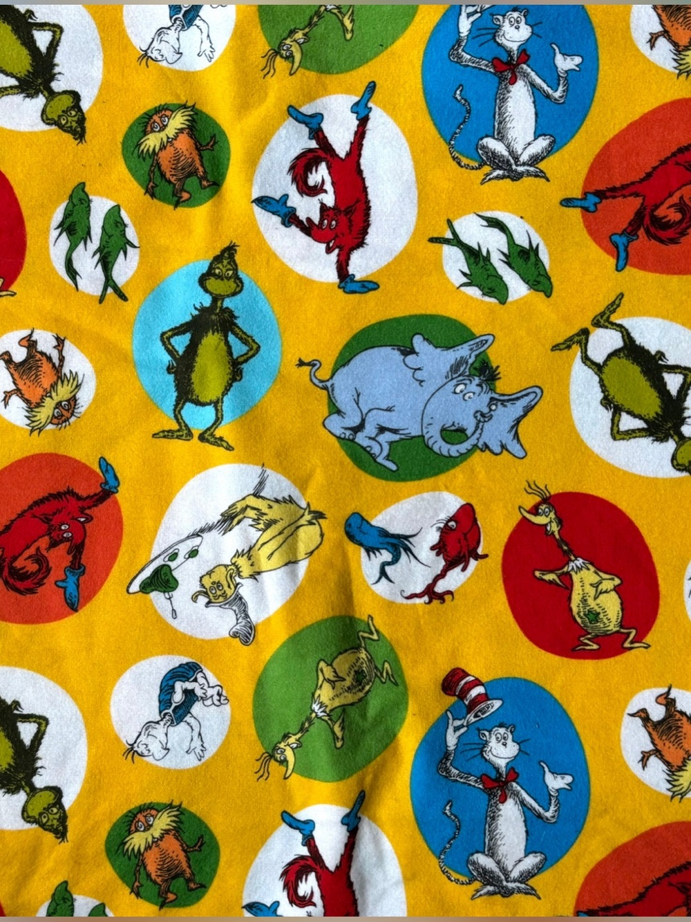 Yellow Dr Seuss Characters Fabric Material 4 Yards Sewing Whimsical Fun Novelty